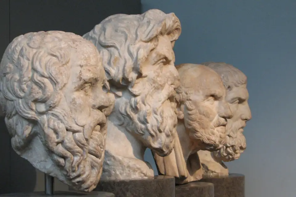 Vier Griekse filosofen, Romeinse bustes in het British Museum.