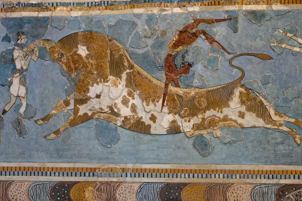 De stierenspringfresco uit Knossos.