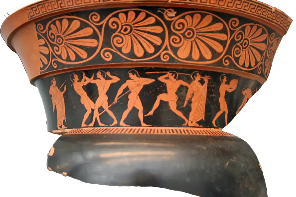 Antieke vaasschildering met Olympische Spelen in de oudheid.