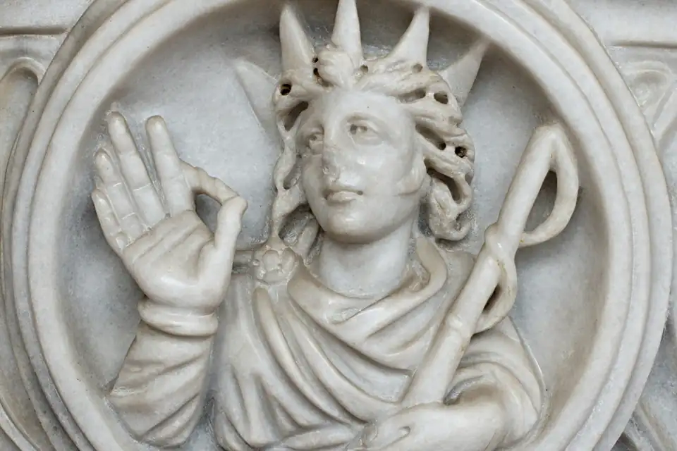 Antieke vaasschildering met Helios.