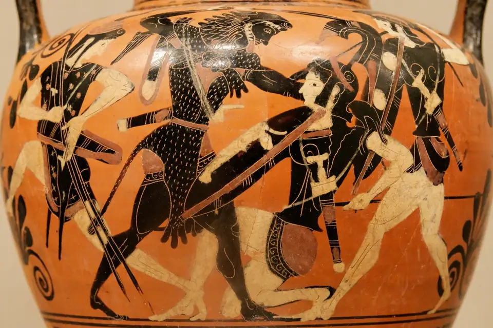 Attische zwartfigurige amfoor met Herakles in gevecht met de Amazonen.