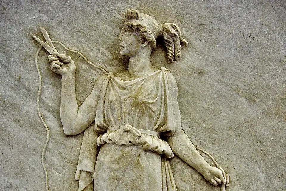Schilderij met Atropos, een van de schikgodinnen.