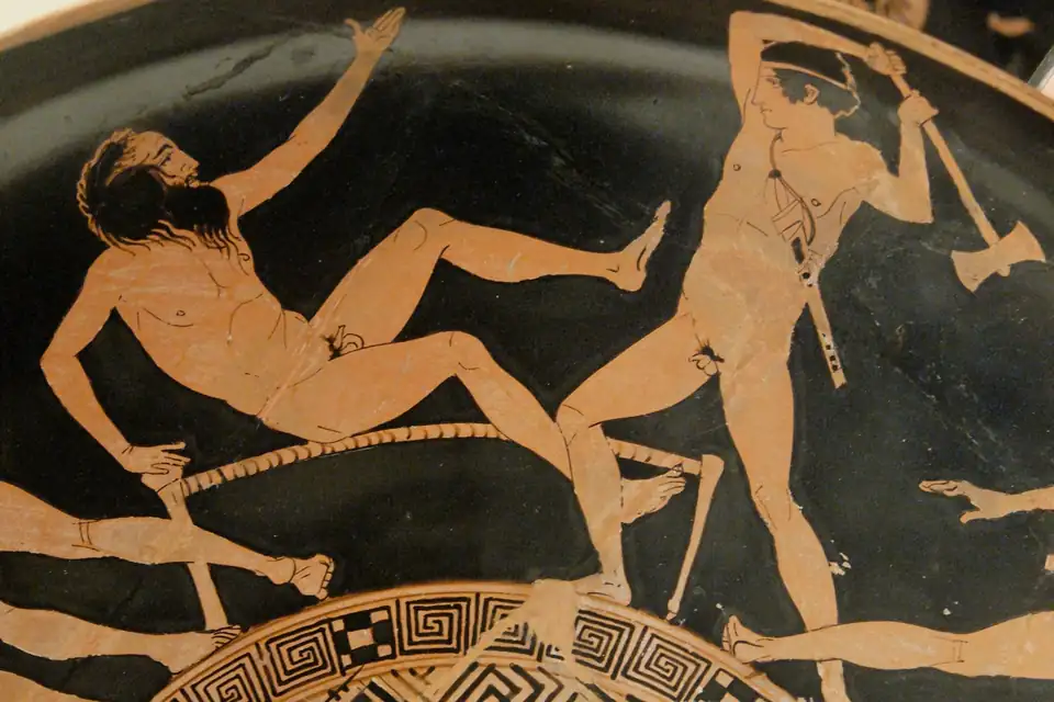 Antieke vaasschildering met Theseus.